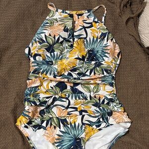 Ellen Tracy Tropical Leaf One-Piece Swimsuit - White, Navy, Yellow, Green, Peach